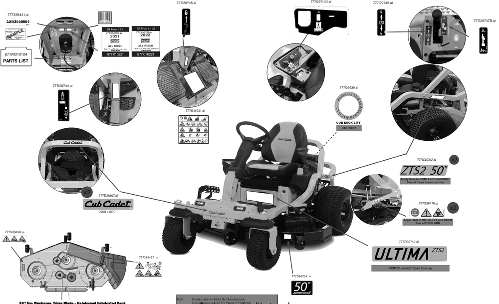 Label Map Diagram and Parts List for ZTS2-50KH (17ASGGY2A10)(2022) Cub Cadet Lawn Tractor
